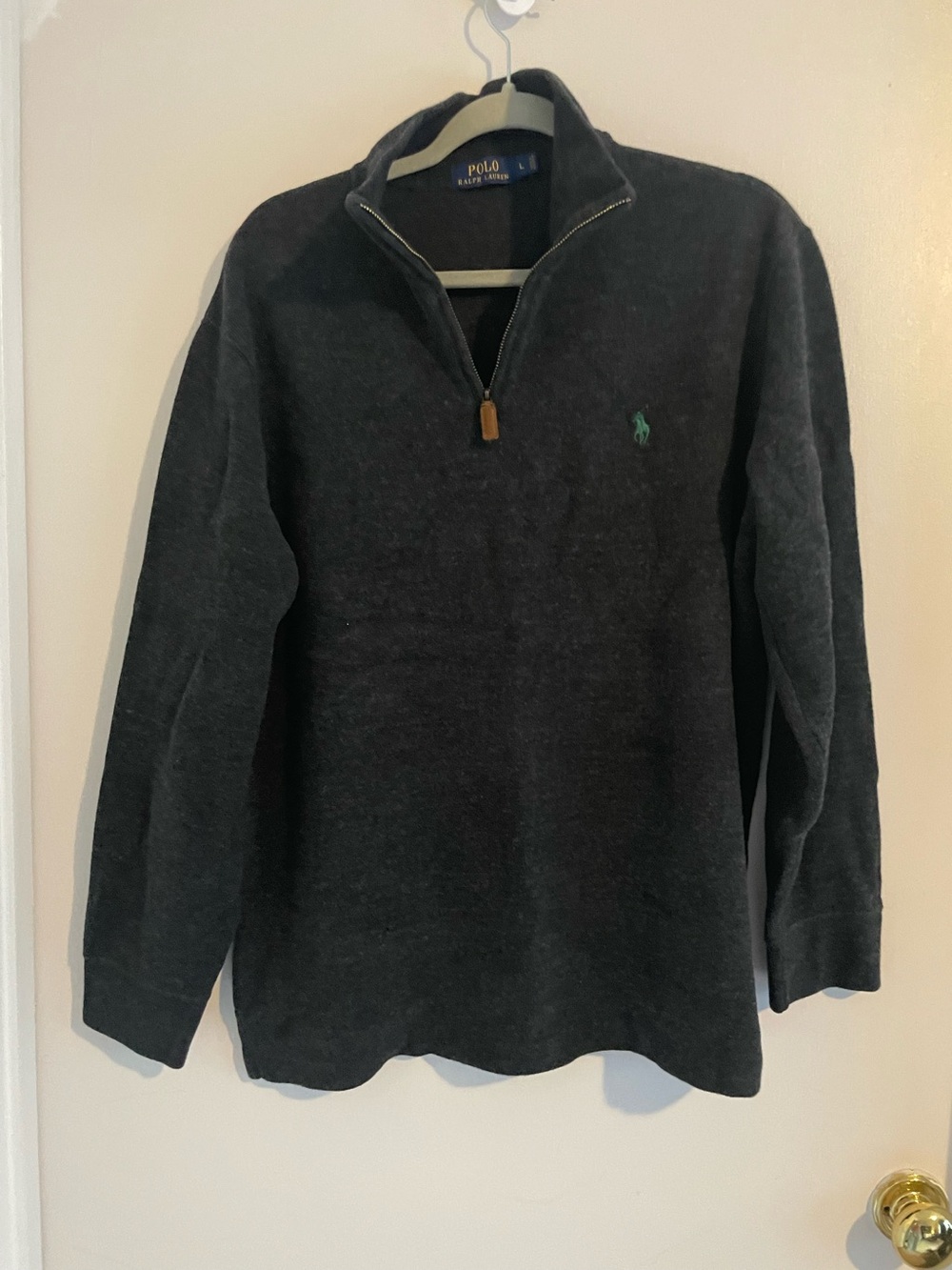 Polo Ralph Lauren Quarter Zip Sweater L Charcoal Gray Green Pony Cotton EUC